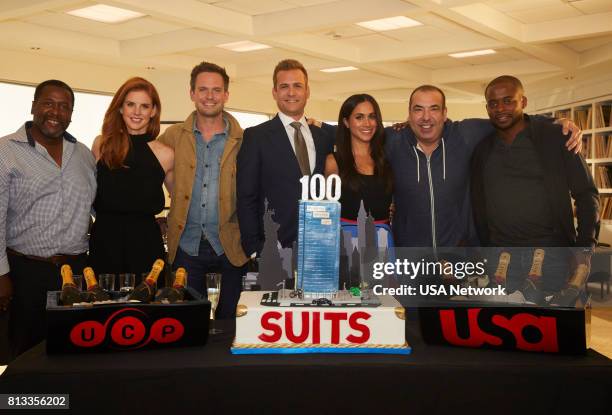 100th Episode Celebration -- Pictured: Wendell Pierce, Sarah Rafferty, Patrick J. Adams, Gabriel Macht, Meghan Markle, Rick Hoffman, Dulé Hill --