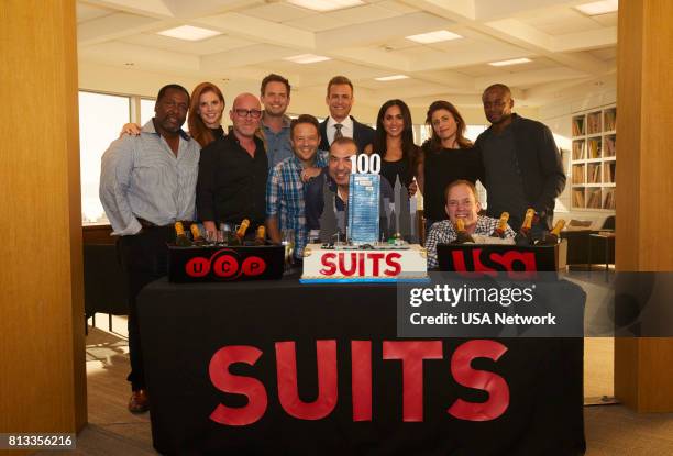 100th Episode Celebration -- Pictured: Wendell Pierce, Sarah Rafferty, Mark Binke , Patrick J. Adams, Rick Muirragui , Gabriel Macht, Rick Hoffman,...