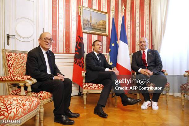 French Foreign Affairs Minister Jean-Yves Le Drian, French President Emmanuel Macron and Albania's Prime Minister Edi Rama hold a meeting on the...