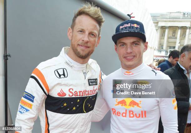 Racing drivers Jenson Button and Max Verstappen attend F1 Live London at Trafalgar Square on July 12, 2017 in London, England. F1 Live London, the...