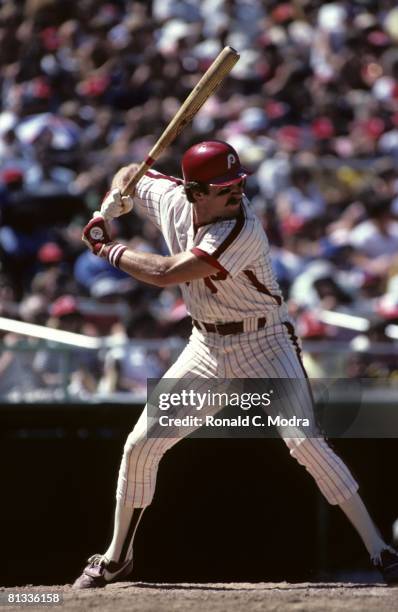 Mike Schmidt of the Philadelphia Phillies bats during a MLB game against the Pittsburgh Pirates in July 1980 in Philadelphia, Pennsylvania.