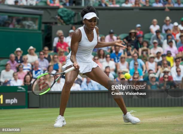 Venus Williams during her fourth round match against Ana Konjuh on day seven of the Wimbledon Lawn Tennis Championships at the All England Lawn...