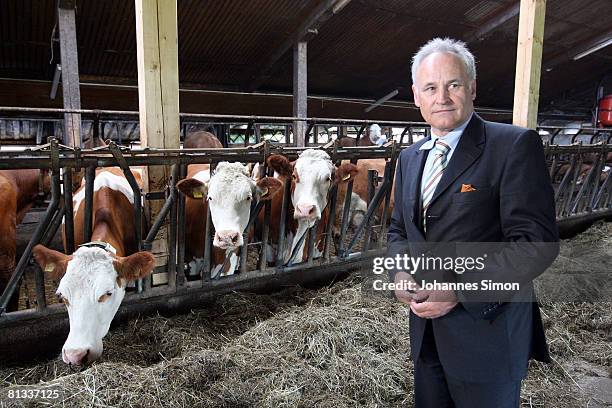 Erwin Huber, head of the CSU and Bavarian Economic Minister visits the cow barn of milk farmer Hans Doeringer on June 2, 2008 in Spiegelau, Germany....