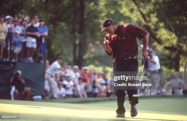 Golf: PGA Championship, Tiger Woods victorious after sinking putt on Sunday at Valhalla CC, Louisville, KY 8/20/2000