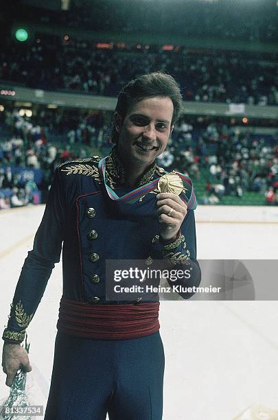 Figure Skating: 1988 Winter Olympics, Closeup of USA Brian Boitano victorious with gold medal after winning free program, Calgary, CAN 2/20/1988