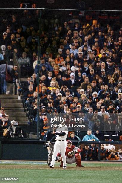 Baseball: World Series, San Francisco Giants Barry Bonds in action, hitting HR vs Anaheim Angels, View of fans, San Francisco, CA
