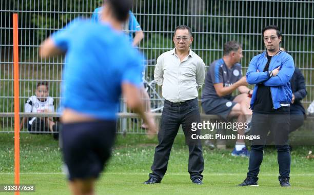 Leicester City's Chairman Vichai Srivaddhanaprabha and Vice chairman Aiyawatt Srivaddhanaprabha watch training during the Leicester City Pre-Season...
