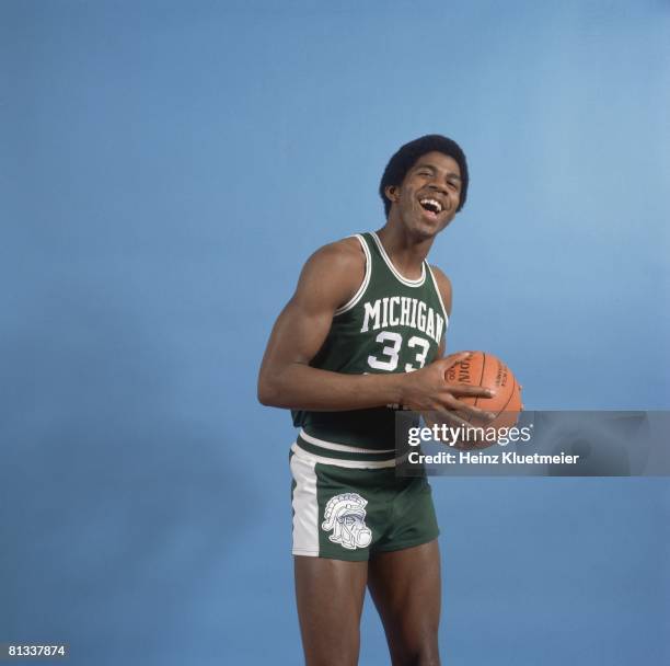 College Basketball: NCAA Playoffs, Portrait of Michigan State Magic Johnson during tournament, Dayton, OH 3/18/1978