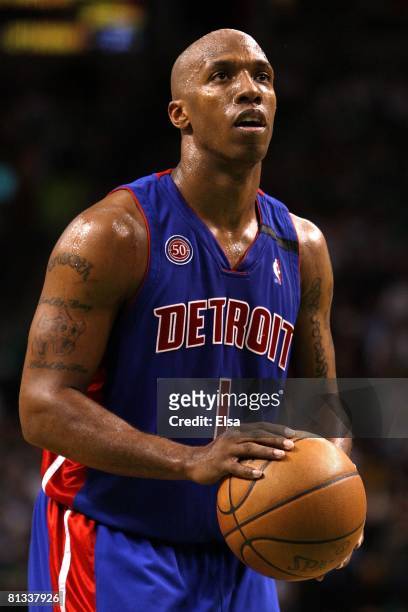 Chauncey Billups of the Detroit Pistons shoots a free throw during the game against the Boston Celtics in Game Two of the Eastern Conference Finals...