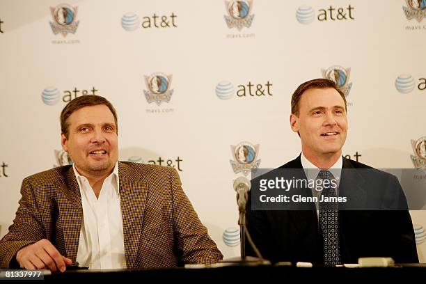 General Manager Donnie and Nelson Rick Carlisle, the new head coach of the Dallas Mavericks, speaks with members of the media during an introductory...