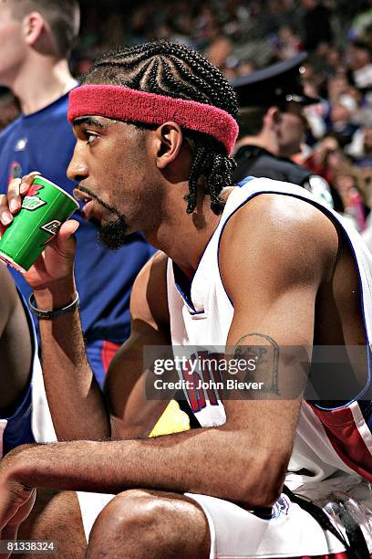 Basketball: NBA playoffs, Closeup of RIP tattoo of Detroit Pistons Richard Hamilton while on bench during game vs Miami Heat, Auburn Hills, MI...