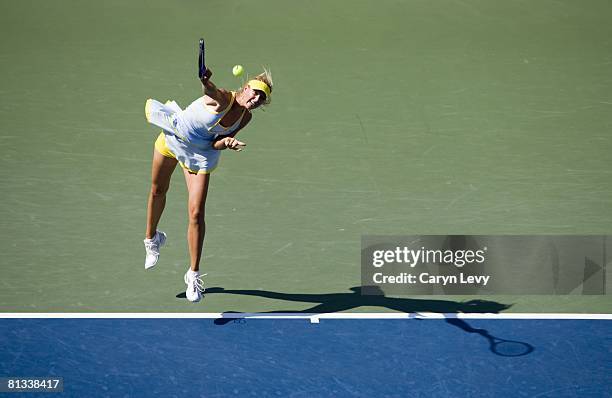 Tennis: US Open, Aerial view of RUS Maria Sharapova in action, serve during 3rd round vs Germany Julia Schruff at National Tennis Center, Flushing,...