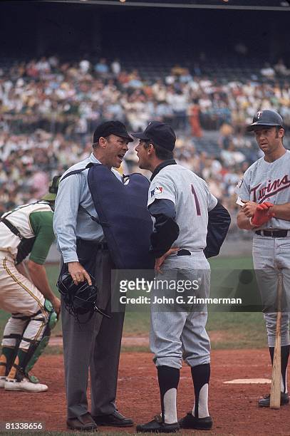Baseball: Minnesota Twins manager Billy Martin upset, arguing with home plate umpire during game vs Oakland Athletics, Oakland, CA 4/15/1969--9/7/1969