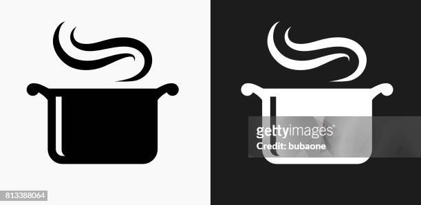 dampf-topf-symbol auf schwarz-weiß-vektor-hintergründe - garkochen stock-grafiken, -clipart, -cartoons und -symbole