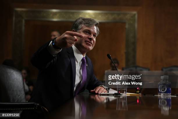 Director nominee Christopher Wray testifies during his confirmation hearing before the Senate Judiciary Committee July 12, 2017 on Capitol Hill in...