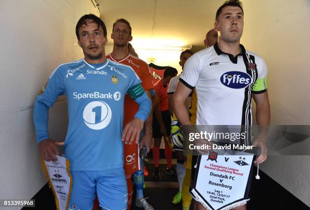 Louth , Ireland - 12 July 2017; Dundalk captain Brian Gartland, right, and Rosenborg captain Mike Jensen before the UEFA Champions League Second...