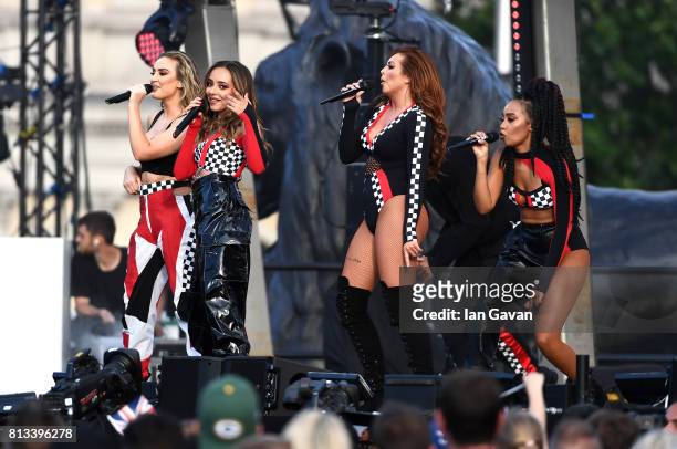 Perrie Edwards, Jade Thirlwall, Jesy Nelson and Leigh-Anne Pinnock of Little Mix perform on stage at the F1 Live in London event at Trafalgar Square...