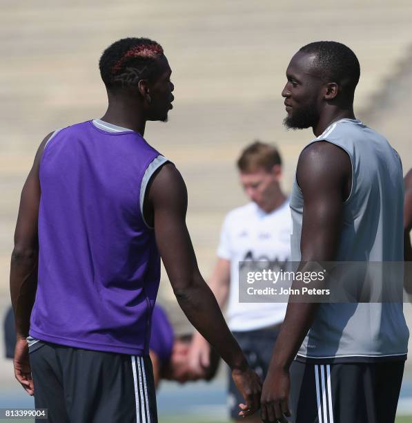 Paul Pogba and Romelu Lukaku of Manchester United in action during a first team training session as part of their pre-season tour of the USA at UCLA...