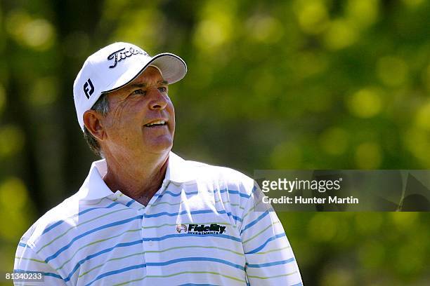 Jay Haas watches his shot during the final round of the 69th Senior PGA Championship at Oak Hill Country Club - East Course on May 25, 2008 in...