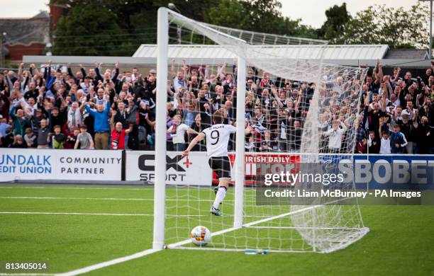 Dundalk's David McMillan celebrates scoring his side's first goal of the game during the Champions League Qualifying, Second Round, First Leg match...