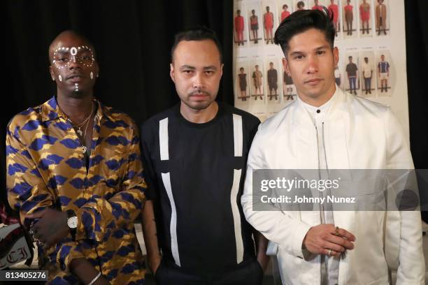 Young Paris, Carlos Campos and Chino Miranda attend the Carlos Campos - NYFW: Men's July 2017 at Skylight Clarkson Sq on July 11, 2017 in New York...