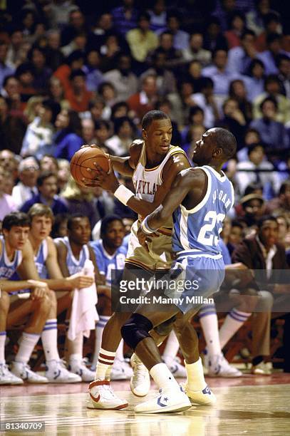 College Basketball: Maryland Len Bias in action vs North Carolina Michael Jordan , College Park, MD 1/12/1984