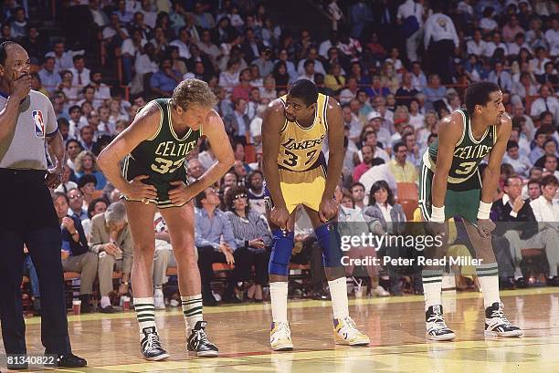 Basketball: NBA Finals, Los Angeles Lakers Magic Johnson during game vs Boston Celtics Larry Bird and Dennis Johnson , Inglewood, CA...