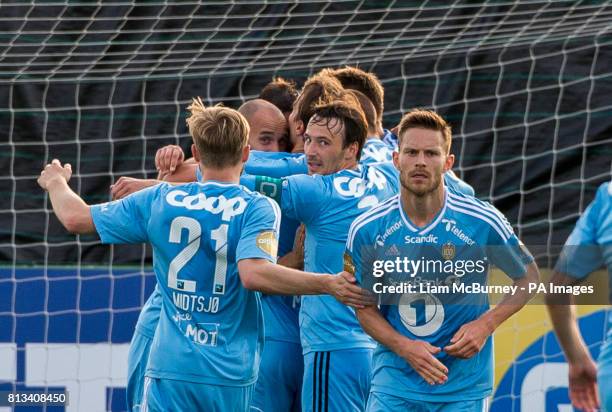 Rosenborg's Tore Reginiussen celebrates scoring scores his side's first goal with team-mates during the Champions League Qualifying, Second Round,...