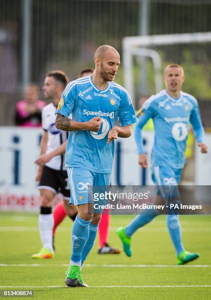 Rosenborg's Tore Reginiussen celebrates scoring scores his side's first goal during the Champions League Qualifying, Second Round, First Leg match at...