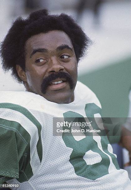 Football: Closeup of New York Jets Rich Caster on sidelines bench during game vs Buffalo Bills, Orchard Park, NY 9/21/1975