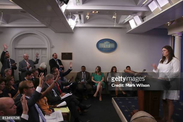 White House Deputy Press Secretary Sarah Huckabee Sanders, speaks during press briefing on July 12, 2017 in Washington, DC. Sanders fielded questions...