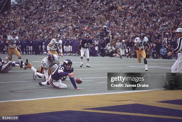 Football: Super Bowl IX, Pittsburgh Steelers Jack Lambert in action, forcing fumble vs Minnesota Vikings QB Fran Tarkenton , New Orleans, LA 1/12/1975