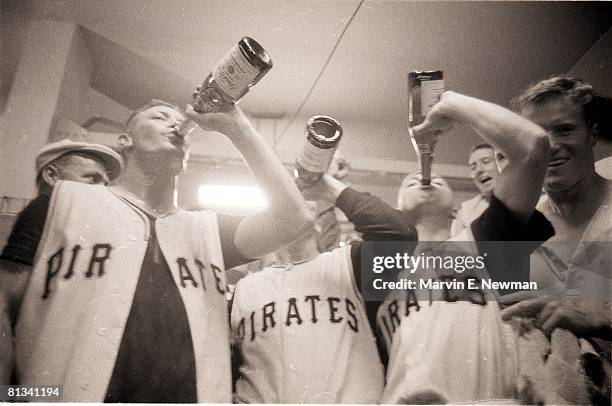 Baseball: World Series, Pittsburgh Pirates victorious with champagne after game vs New York Yankees, Pittsburgh, PA