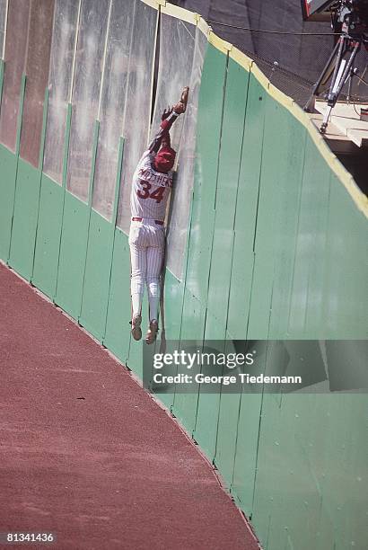 Baseball: World Series, Philadephia Phillies Gary Matthews in action, fielding along outfield wall vs Baltimore Orioles, Game 3, Philadelphia, PA