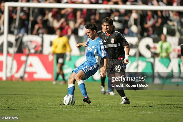 Soccer: MLS Cup, Kansas City Wizards Kerry Zavagnin in action vs DC United Jaime Moreno , Carson, CA