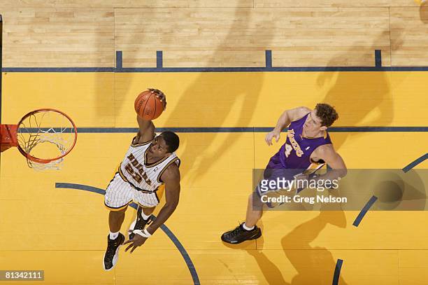Basketball: Aerial view of Indiana Pacers Ron Artest in action vs Los Angeles Lakers Luke Walton , Indianapolis, IN 2/2/2004