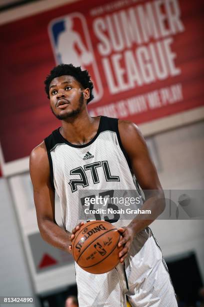 Diamond Stone of the Atlanta Hawks shoots a free throw during the game against the New Orleans Pelicans during the 2017 Las Vegas Summer League on...