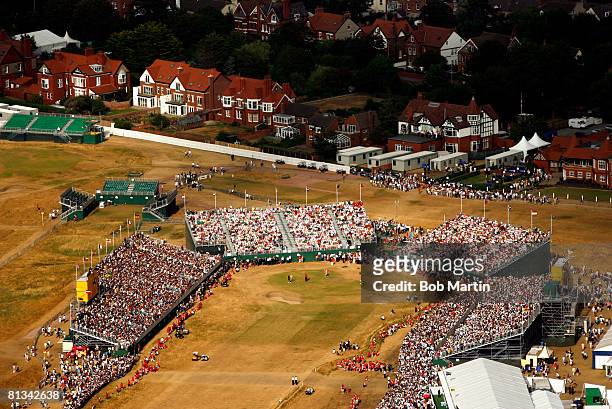 Golf: British Open, Aerial scenic view of Tiger Woods on No, 18 green during Sunday play at Royal Liverpool GC, View of stands, Hoylake, England...