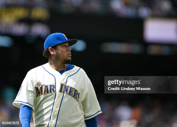 Felix Hernandez of the Seattle Mariners walks off the field in the sixth inning against the Oakland Athletics at Safeco Field on July 9, 2017 in...