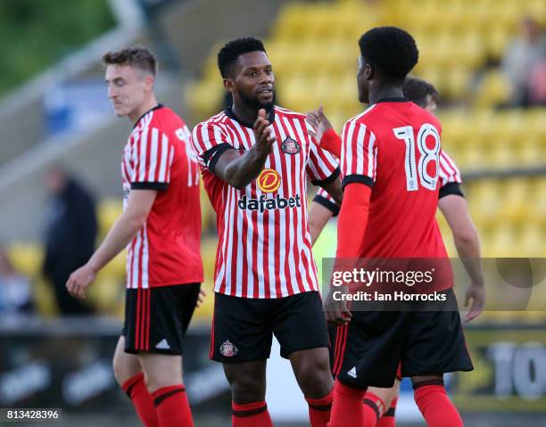 Jeremain Lens of Sunderland celebrates as he scores the third goal during a pre-season friendly match between Livingston FC and Sunderland AFC at the...