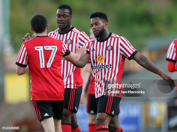 Jeremain Lens of Sunderland celebrates as he scores the third goal during a pre-season friendly match between Livingston FC and Sunderland AFC at the...