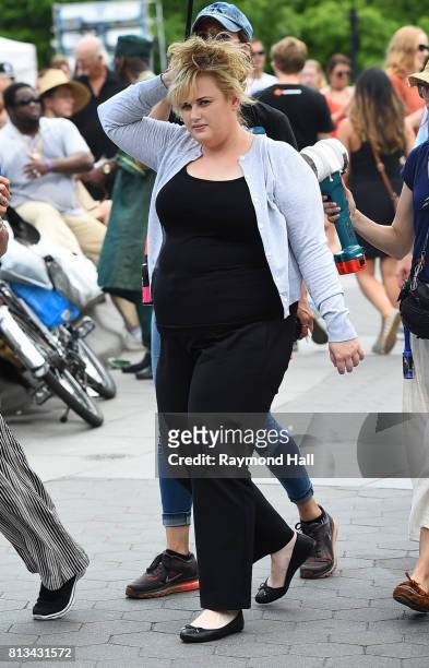 Rebel Wilson film a scene at the 'Isn't It Romantic' movie set in Washington Square Par> on July 12, 2017 in New York City.