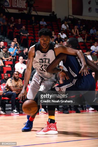 Diamond Stone of the Atlanta Hawks drives to the basket during the game against the New Orleans Pelicans during the 2017 Las Vegas Summer League on...
