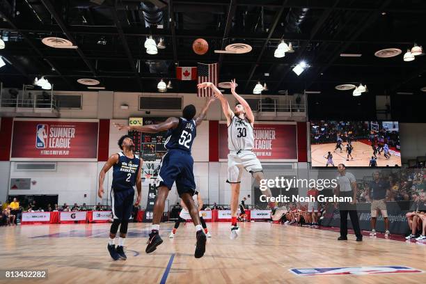 Ryan Kelly of the Atlanta Hawks shoots the ball during the game against the New Orleans Pelicans during the 2017 Las Vegas Summer League on July 12,...