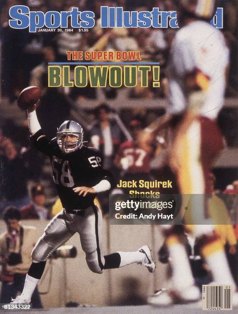 January 30, 1984 Sports Illustrated via Getty Images Cover, Football: Super Bowl XVIII, Los Angeles Raiders Jack Squirek victorious after scoring...