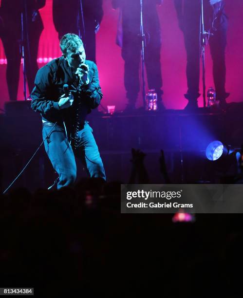Damon Albarn of the band Gorillaz performs on stage at Huntington Bank Pavilion at Northerly Island on July 8, 2017 in Chicago, Illinois.