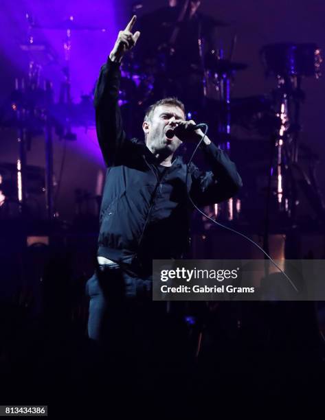 Damon Albarn of the band Gorillaz performs on stage at Huntington Bank Pavilion at Northerly Island on July 8, 2017 in Chicago, Illinois.