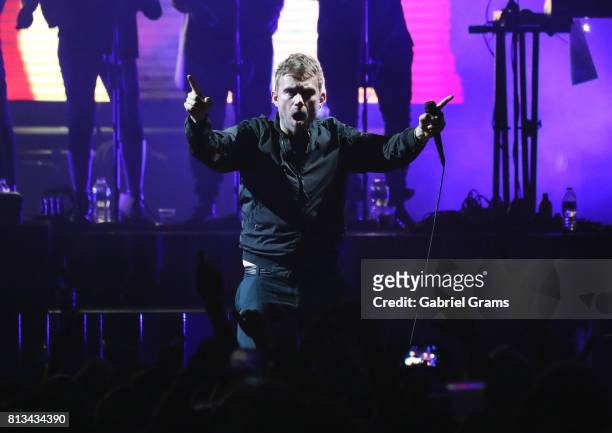 Damon Albarn of the band Gorillaz performs on stage at Huntington Bank Pavilion at Northerly Island on July 8, 2017 in Chicago, Illinois.