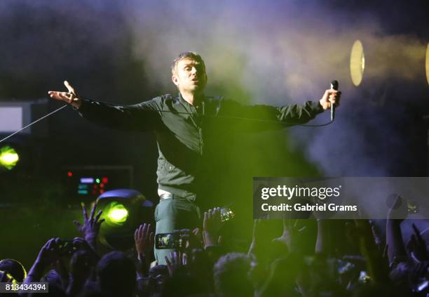 Damon Albarn of the band Gorillaz performs on stage at Huntington Bank Pavilion at Northerly Island on July 8, 2017 in Chicago, Illinois.