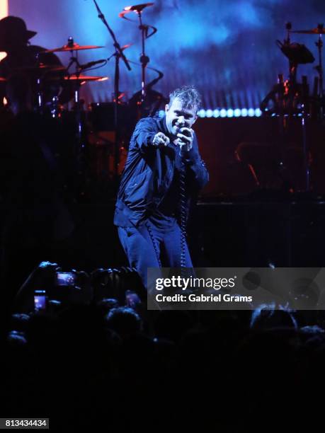 Damon Albarn of the band Gorillaz performs on stage at Huntington Bank Pavilion at Northerly Island on July 8, 2017 in Chicago, Illinois.